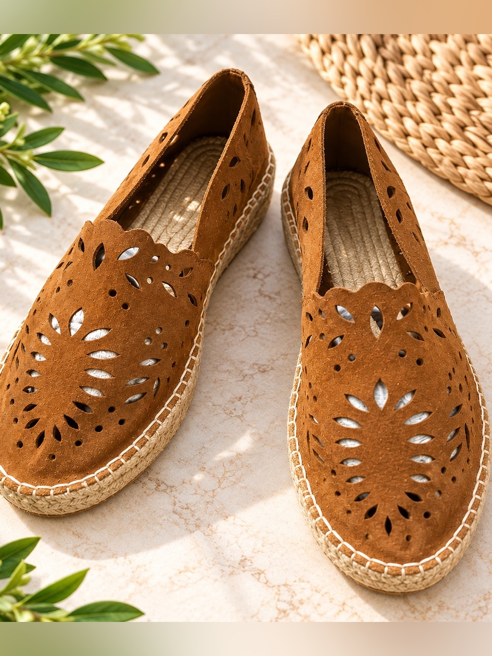 Zara Soft Suede Espadrille LoafersFlats Laser Cut Boho Brown Cognac Size 38